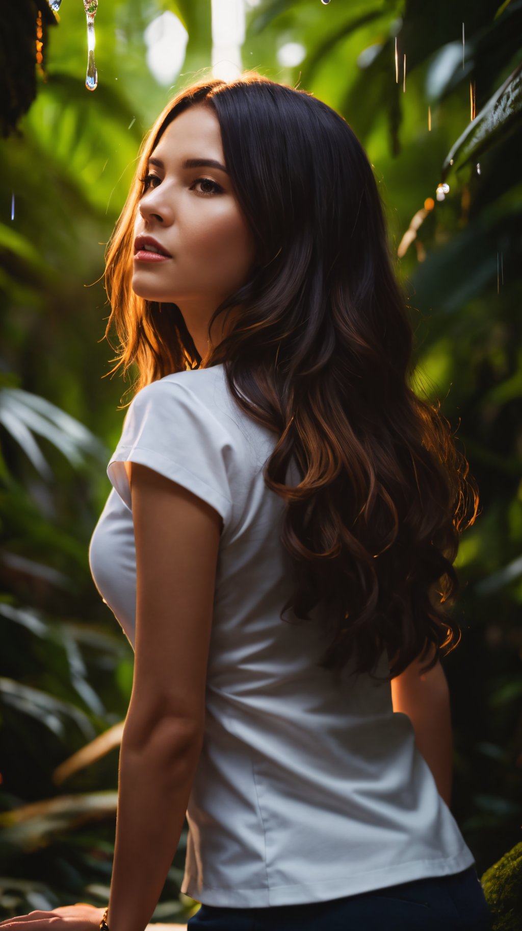 a warrior woman,Hair ringlets,White,low angle shot,lush rainforests of Costa Rica are home to exotic wildlife and stunning waterfalls,style by Paul Thomas Anderson,extremely beautiful professional trending on artstation hyperdetailed,dslr,side lit