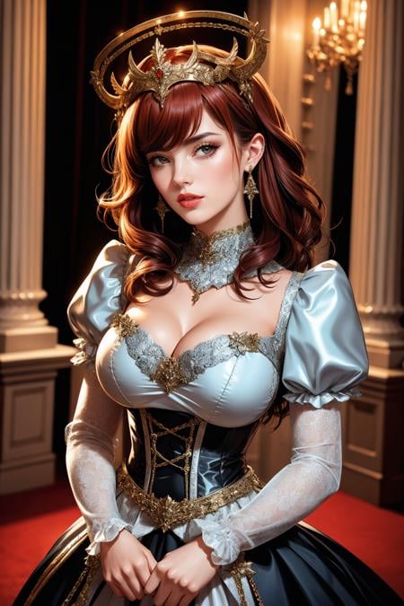 cinematic film still 1girl, solo, photogenic beautiful adult woman,  h4lo, cleavage, chains, auburn hair, halo headpiece, (happy), waist, age 30, grand hall, <lora:HaloHeadpiece-30:0.8>, BREAK,  gothic fashion ballgown, collar, puffy sleeves, jewelry, earrings, full body, closeup . shallow depth of field, vignette, highly detailed, high budget, bokeh, cinemascope, moody, epic, gorgeous, film grain, grainy