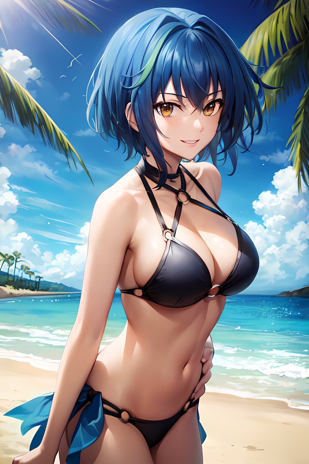 masterpiece, absurdres , (intricate details), (colorful),cinematic lighting,bust shot,extremely detailed CG unity 8k wallpaper, smile, looking at viewer, <lora:xenoviaHSDXD-051:1> xenoviaquarta, short hair, bikini, o-ring, beach, summer, sunlight, ocean,wind, cloudy sky, palm tree, smile, parted lips