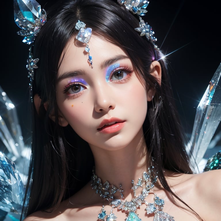 masterpiece, best quality, masterpiece,best quality,official art,extremely detailed CG unity 16k wallpaper,masterpiece, ((1girl)),(science fiction:1.1), (ultra-detailed crystallization:1.5), (crystallizing girl:1.5), kaleidoscope, ((iridescent:1.5) long hair), (glittering silver eyes), sitting, surrounded by colorful crystals, blue skin, (skin fusion with crystal:1.8), looking up, face focus, simple dress, transparent crystals, flat dark background, lens flare, prism,