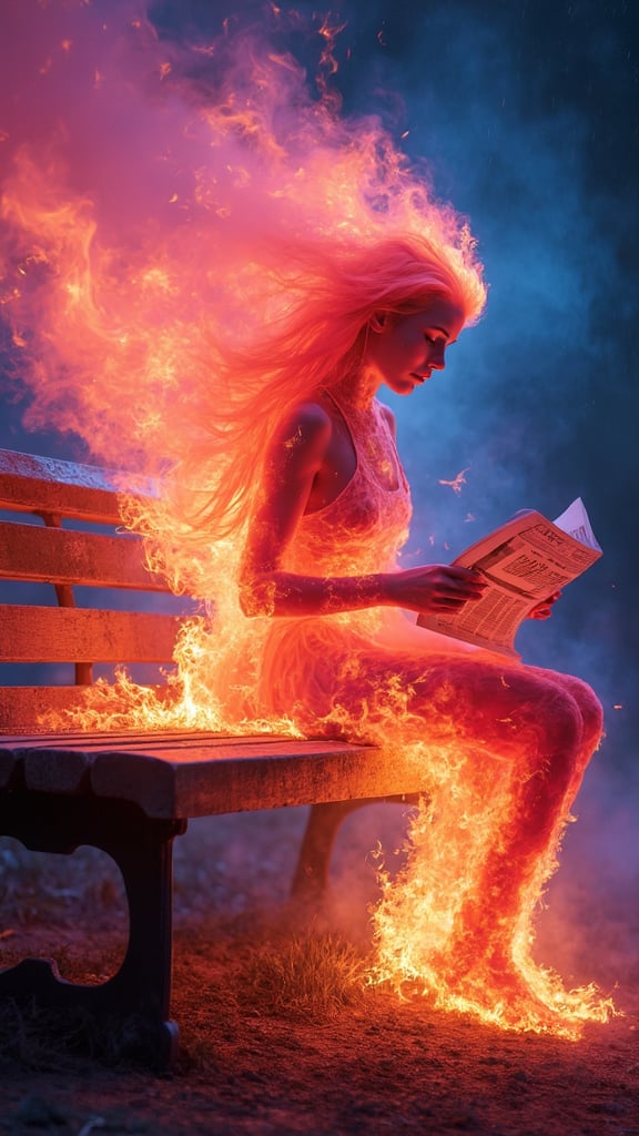 bailing fire,composed of fire and bellowing smoke elements,fire element,girl made of pink flames, Fire Skin,surrounded by pink flames.,pink fire,pink flame,the woman in the image is sitting on a park bench on fire, long  fire hair, in the background the woman is surrounded by a bright blue aura that seems to be emanating from her body.,she is reading a news paper that is on fire, and she appears to be in the midst of a fire powerful display of energy, behind the woman is blue text in flame font, The text says "DICE"