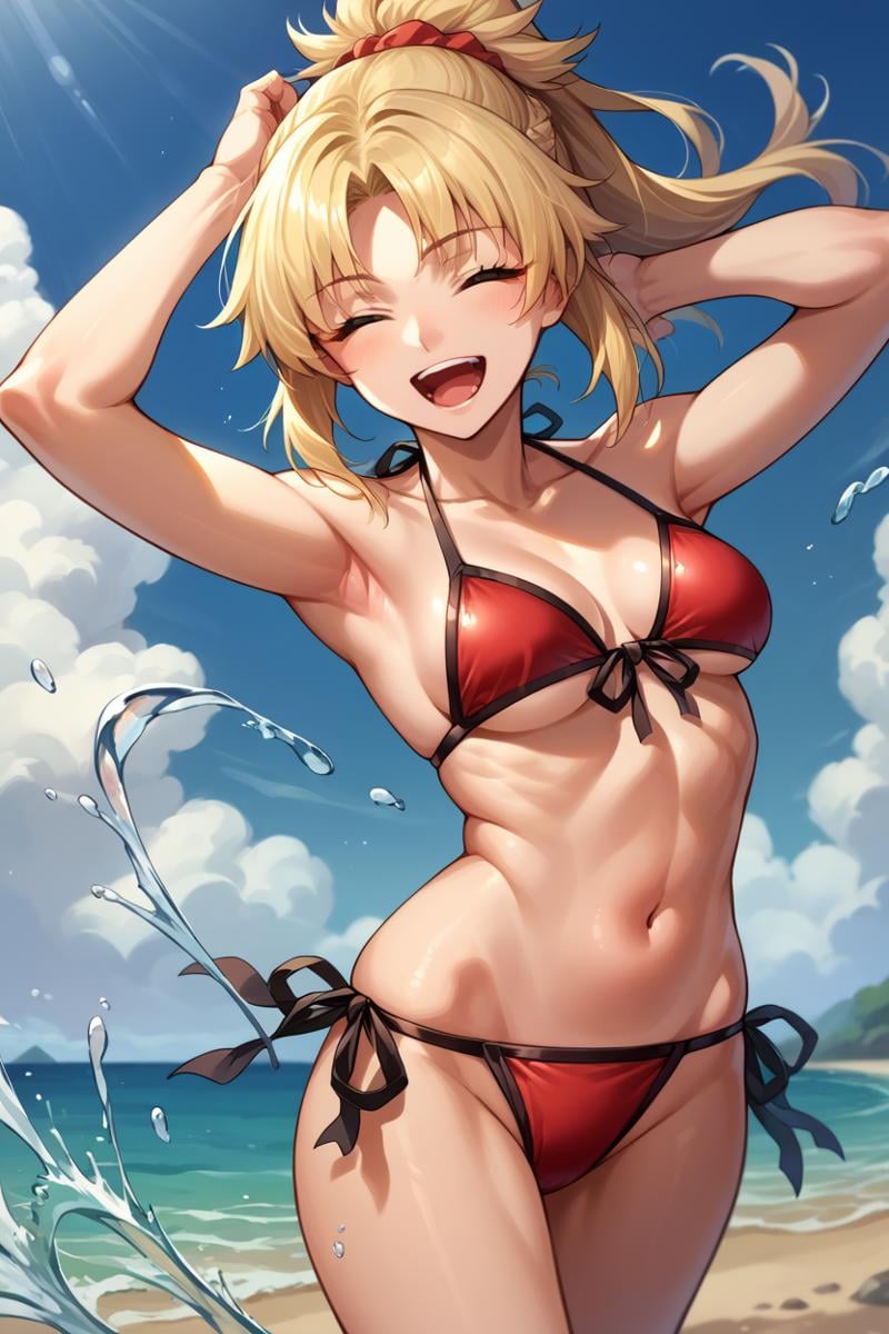 score_9, score_8_up, score_7_up, score_6_up, source_anime, BREAK solo, <lora:mordred-pdxl-nvwls-v1-000005:1> 1stRiderMord, blonde hair, ponytail, red bikini, side-tie bikini bottom, bare arms, medium breasts, closed eyes, happy, open mouth, beach, splash of water, blue sky