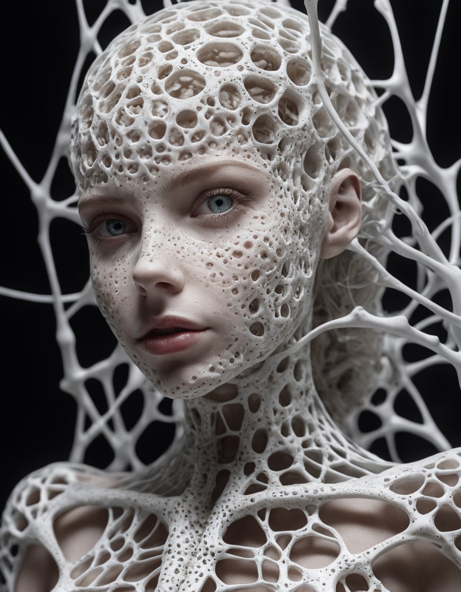 Hyperrealistic art RAW analog photo of a sculpture of a neural network organism, synthetic porcelain girl, ((mechanical, white skin:2, trypophobia:0.8, looking at viewer)), (sharp focus, hyper detailed, highly intricate, physically based unbiased rendering), natural lighting, <lora:add-detail-xl:3> . Extremely high-resolution details, photographic, realism pushed to extreme, fine texture, incredibly lifelike, cinematic, 35mm film, 35mm photography, film, photo realism, DSLR, 8k uhd, hdr, ultra-detailed, high quality, high contrast,