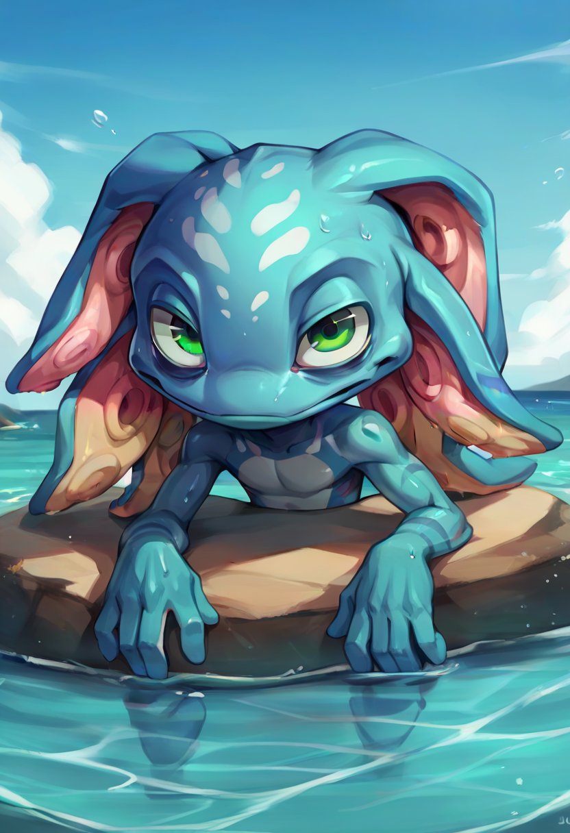 score_9, score_8_up, score_7_up, score_6_up, f1zz, 1boy, yordle, male focus, colored skin, blue skin, green eyes, tentacle hair, <lora:Fizz_Default_v1:0.7>, solo, looking at viewer, water, ocean, (depressed, bags under eyes )