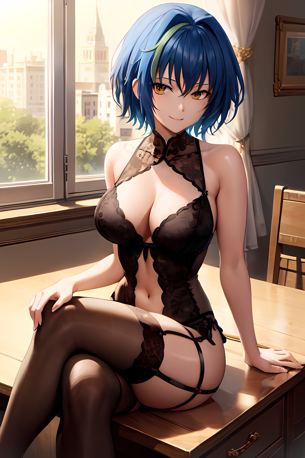 masterpiece, absurdres , (intricate details), (colorful),cinematic lighting,bust shot,extremely detailed CG unity 8k wallpaper, smile, looking at viewer, <lora:xenoviaHSDXD-051:1> xenoviaquarta, short hair, lingerie, garter straps, thighhighs, wine, looking at viewer, caustics, sitting, crossed legs, desk, window