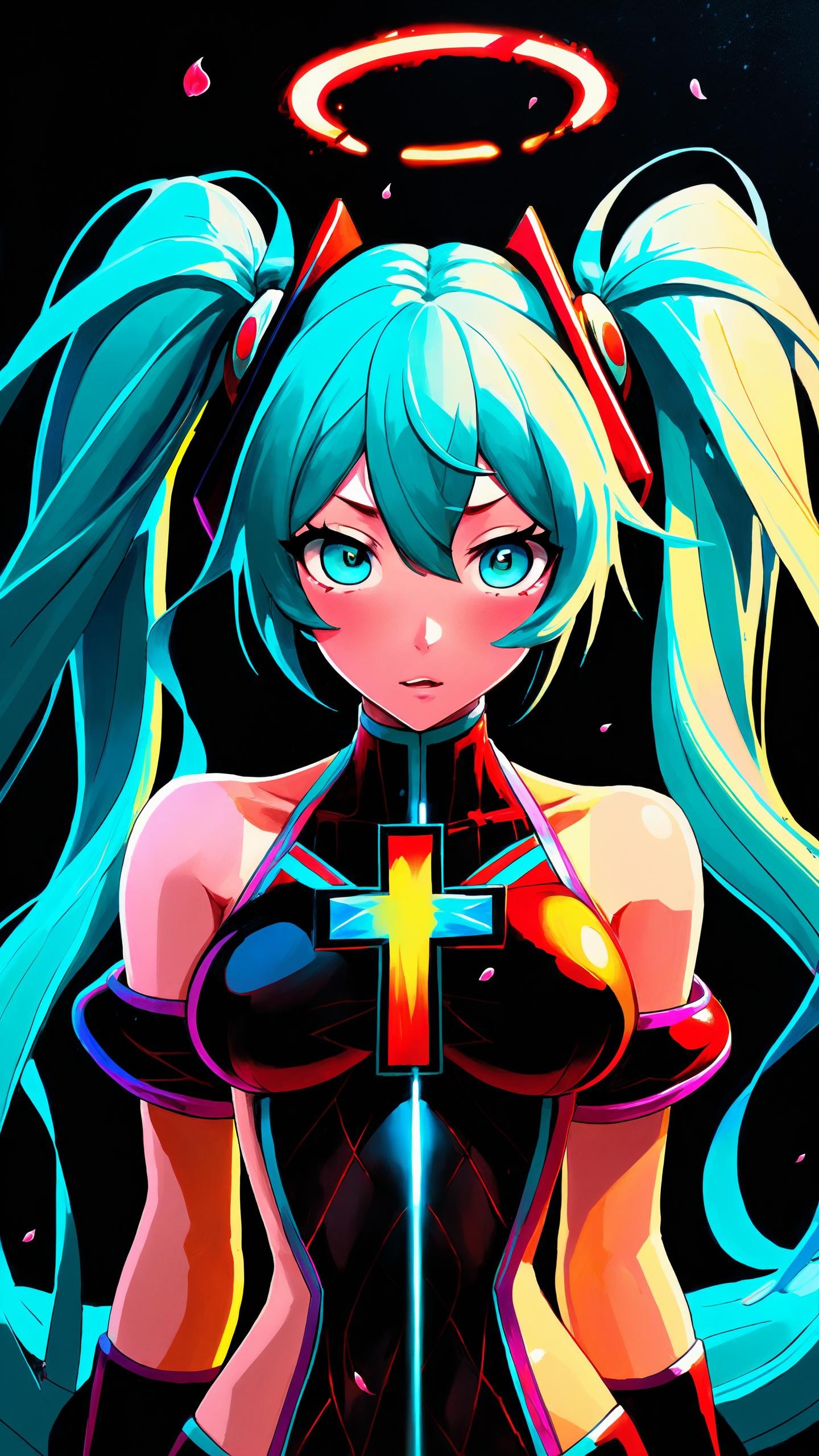 fighting game style masterpiece, best quality, ultra realistic,32k,RAW photo, detail skin, 8k uhd, dslr, high quality, film grain,\nShort and messy hair . dynamic, vibrant, action-packed, detailed character design, reminiscent of fighting video games, face focus, masterpiece, best quality, 1girl, hatsune miku, goth hatsune miku, latex clothing, suggestive face, hentai face, white roses, petals, night background, fireflies, light particle, solo, aqua hair with twin tails, aqua eyes, standing, pixiv, depth of field, cinematic composition, best lighting, looking up, black bloody veins growing and intertwining out of the darkness, oozing thick neon rainbow blood, veins growing and pumping blood, vascular networks growing, connecting, expanding, red veins everywhere, zdzislaw beksinski, (vibrant colors:1.1), (Repetition:1.1), (Cross-hatching:1.1), (Infrared:1.2), Rust, Hypercube, ultra detailed, intricate, oil on canvas, ((dry brush, ultra sharp)), (surrealism:1.1), (disturbing:1.1), beksinski style painting, sparks, lens flare, rim lighting, backlighting, RTX, Post Processing, satanic cross, man body, muscular, venom costume