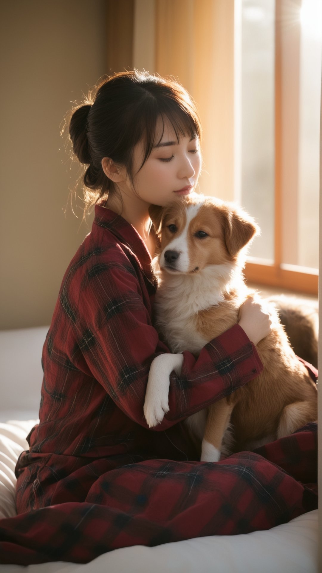 realistic photo of a Japanese woman,"A woman in a cozy flannel pajama set cuddles her pet dog in bed, both of them looking sleepy and content. The warm light filtering through the window illuminates their faces, creating a heartwarming and intimate scene. The image captures the special bond between a woman and her furry companion.", best quality,masterpiece,realistic,RAW Photo,ethereal atmosphere,vibrant colors,soft glowing lights,serene and captivating,dynamic and graceful pose,harmonious composition,original,perfect lighting,cowboy shot,lens flare,mist,Artistic,memorable masterpieces,Powerful angles,intricate details,(photo realistic:1.1),portrait,fashion model,abstract,photorealistic,ultra-accurate,((noise clear)),strong light source,effects,, [:"Steady demeanor, lips gently apart. Eyes softly squinted, with a hidden allure. Cheeks just illuminated with warmth.":0.3]