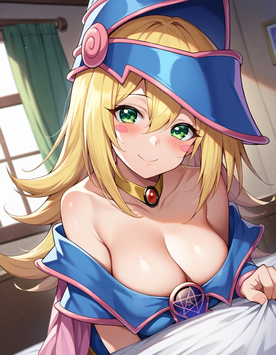 score_9, score_8_up, score_7_up, source_anime,darkmagiciangirl, <lora:dark-magician-girl-ponyxl-lora-nochekaiser:1>dark magician girl, blonde hair, choker, green eyes, long hair, blush, blush stickers, smile, mature female,bare shoulders, blue footwear, blush, blush stickers, cleavage, collarbone, duel monster, hat, off shoulder, pentacle, wizard hat,indoors, bed, bed room, on side, blush, drunk,looking at viewer, dutch angle, cowboy shot,