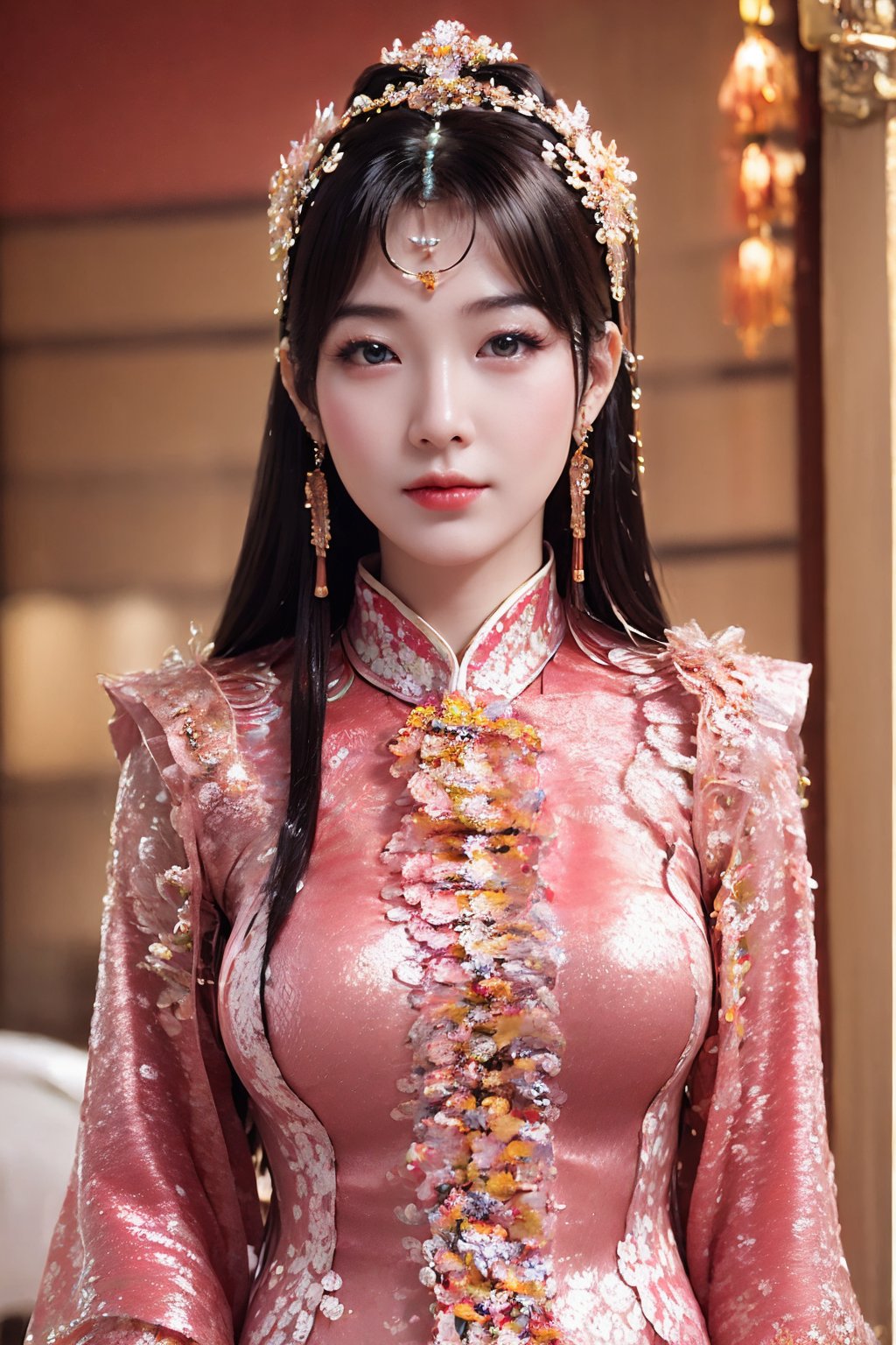 CAFC,1girl,pink clothes,solo,long hair,earrings,jewelry,hair accessories,upper body,suburban scenery,east asian,chinese style architecture,<lora:NSFWFilter:-1.5>,