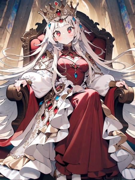 masterpiece, best quality, <lora:style28-xl-a3.1:1>,A highly detailed and complex commercial image,solo,red eyes,A white-haired girl wearing a rainbow-colored gown woven from jewels, with an extreme focus on detail. She wears an oversized crown inset with a large diamond on her head. The scene is captured with a wide-angle lens, with the background being the grand hall of a castle, where she sits on a luxurious throne.