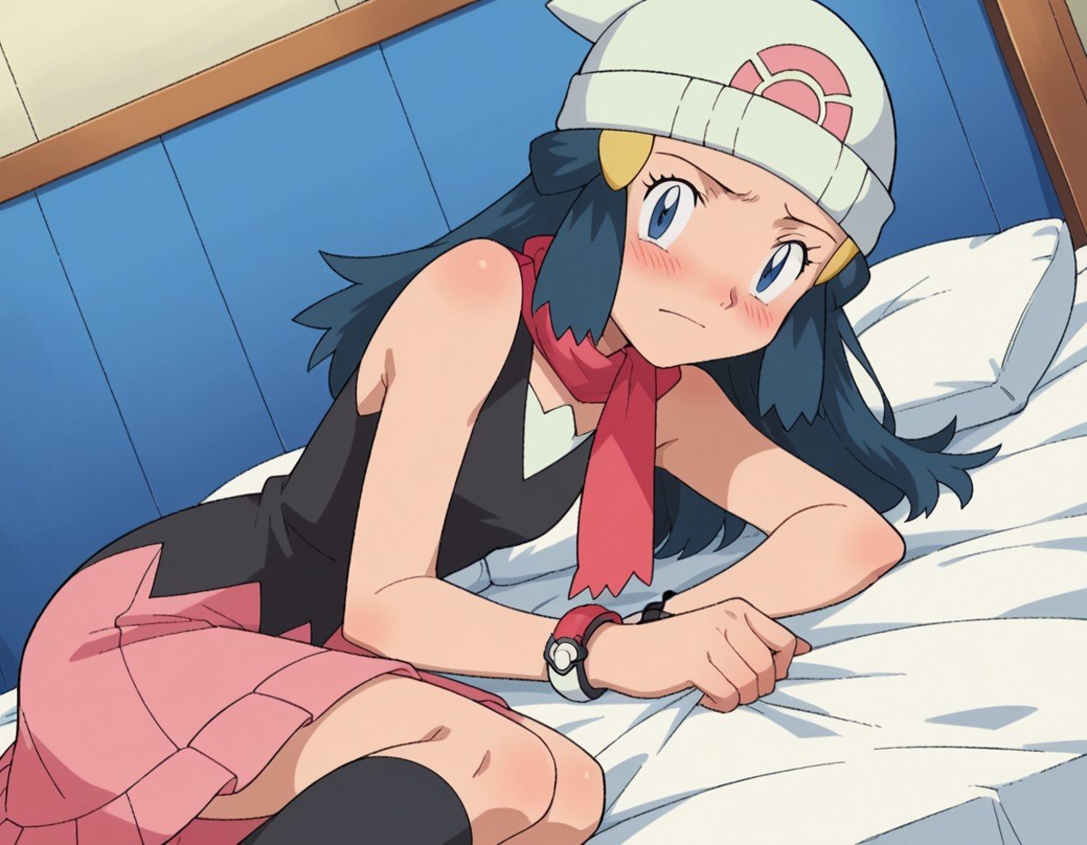 score_9, score_8_up, score_7_up, source_anime, pokemondawn, <lora:pokemon-dawn-anime-ponyxl-lora-nochekaiser:1>, pokemon dawn, black hair, blue eyes, sidelocks, long hair,, bare shoulders, beanie, black shirt, black socks, bracelet, hat, jewelry, kneehighs, miniskirt, pink skirt, red scarf, scarf, shirt, skirt, sleeveless, sleeveless shirt, white headwear,, indoors, bed, bed room, on side, blush, drunk, looking at viewer, solo, cowboy shot, dutch angle