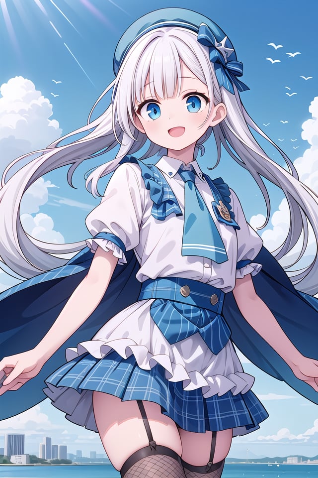 (cleavage:-1.5), insanely detailed, absurdres, ultra-highres, ultra-detailed, best quality,1girl, solo, nice hands, perfect hands,BREAK(gothic drress, Idol costume:1.3), (blue and white theme:1.2), (white blouse:1.4), (white collar, tie:1.3), (open short-cape:1.3), (short sleeve:1.2), (blue tartan-check pattern (ruffle-skirt, multilayer-skirt):1.4), (white basque-beret with ribbon:1.3), (Fishnet stockings:1.3), (glove:1.2), (cleavage:-1.5)BREAKhappy smile, laugh, open mouth,standing,own hands together,cowboy shot,BREAKslender, kawaii, perfect symmetrical face, ultra cute girl, ultra cute face, ultra detailed eyes, ultra detailed hair, ultra cute, ultra beautiful,BREAKcityscape in tokyo, ultra detailed background, blue sky, bay side, panorama view,medium breasts, white hair, blue eyes