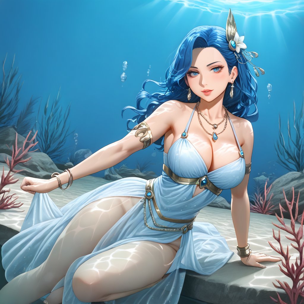 (,1girl, ,best quality, ),,masterpiece, ((((, solo,  , ,solo focus, ,underwater, )))) ,ultra realistic 8k cg,   clean, masterpiece,     cinematic lighting, cinematic bloom,  (( , )),, , unreal, science fiction, luxury, jewelry, diamond, gold, pearl, gem, sapphire, ruby, emerald, intricate detail, delicate pattern, charming, alluring, seductive, erotic，(sit), , enchanting, hair ornament, necklace, earrings, bracelet, armlet,,(cleavage),,