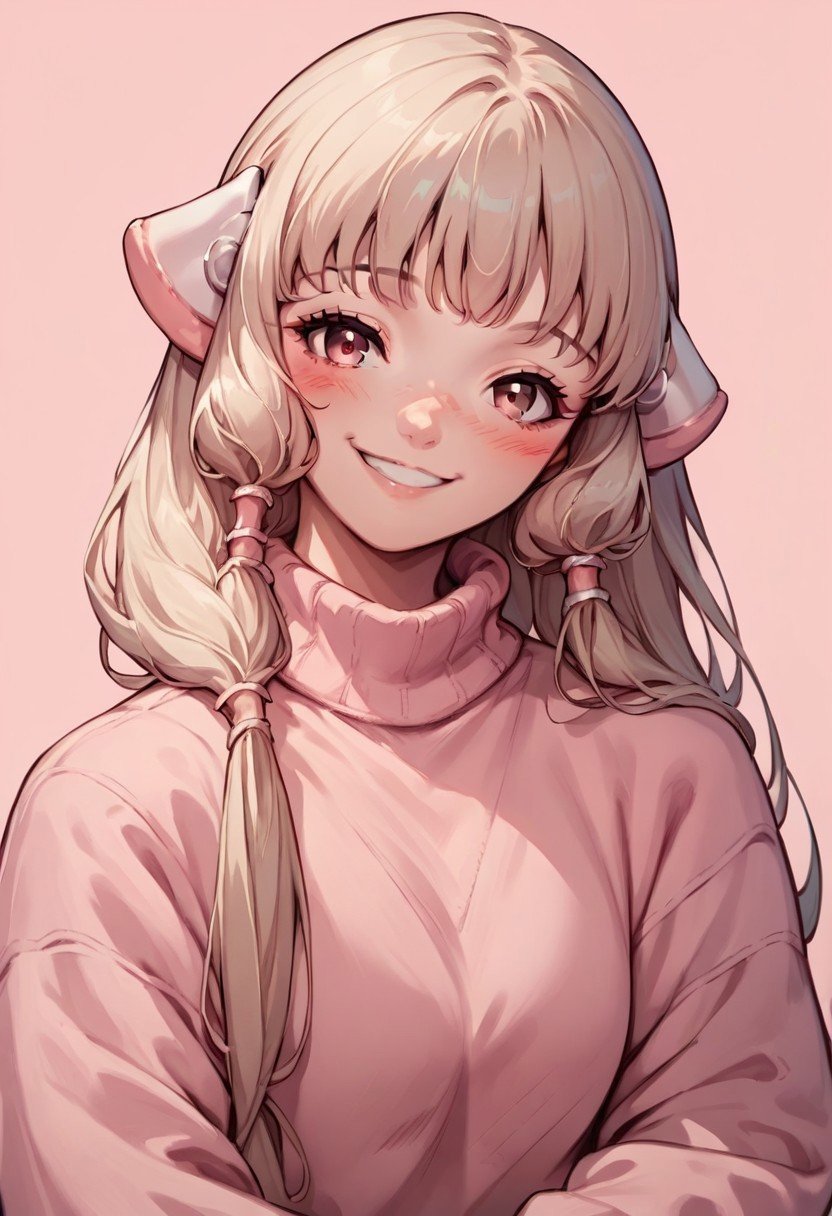 score_9,score_8_up,score_7_up,source_anime, Chii (Chobits),1girl,solo,looking at viewer,blush,smile,long sleeves,upper body,sweater,sleeves past wrists,head tilt,pink background,pink sweater,