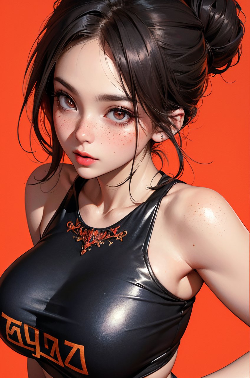 (masterpiece, best quality, hires, high resolution:1.2), (extremely detailed, realistic, intricate details, highres), 3d, cg, woman, muscular, abs, shiny skin, black hair, blush, freckles, eyeliner, eyeshadow, eyelashes, bun, plugsuit, science fiction, (huge wide breasts:1.2), (cinematic lighting, sunlight, volumetric), looking at viewer, eye-level shot, close-up shot, simple red background, vintage fantasy, 1960s \(style\), film grain, (atompunkstylesd15:1.0), (soviet poster:1.4),, RAW photo, (masterpiece:1.3), (high quality:1.4), (intricate, high detail:1.2), realistic,<lora:Asian GF Mix v2.7.b:1><lora:Asian GF Mix v2.7.b:1><lora:Asian GF Mix v2.7.b:1><lora:Asian GF Mix v2.7.b:1>