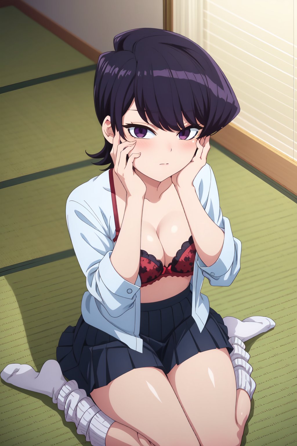 Shuuko Komi, 4k, absurd, high resolution, ultra high resolution, high definition, masterpiece, ilustration, 2d, anime style, 1girl, solo, looking at viewer, blush, short hair, skirt, shirt, black hair, cleavage, medium breasts, sitting, closed mouth, underwear, white shirt, pleated skirt, open clothes, socks, black skirt, bra, purple eyes, open shirt, from above, wariza, white socks, tatami, hands on own face, loose socks, red bra, print bra<lora:EMS-462567-EMS:0.800000>