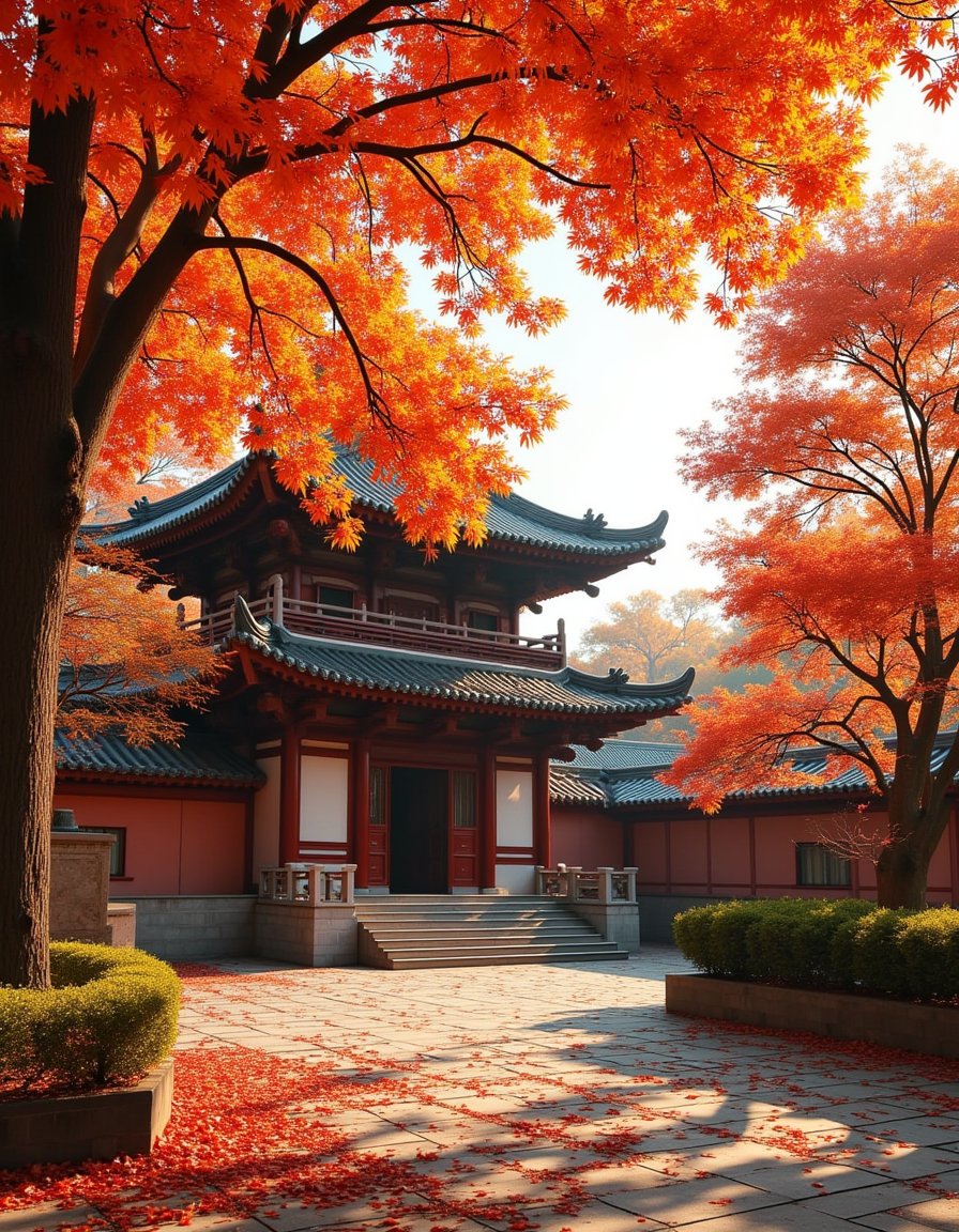 autumn leaves, tree, autumn, no humans, east asian architecture, architecture, scenery, leaf, outdoors, building <lora:客栈:1>