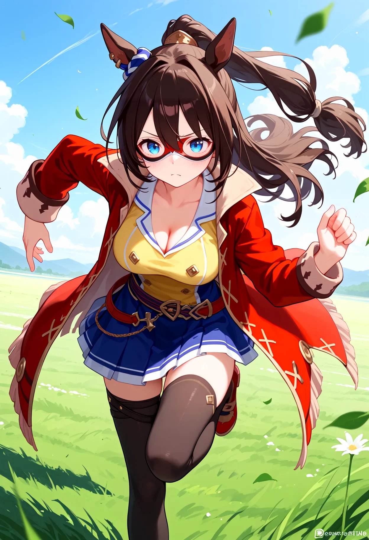 score_9, score_8_up, score_7_up, BREAK, best quality, masterpiece, very aesthetic, ultra detailed,very detailed background,BREAK,,zPDXL3,ECP,ECP_Race, 1girl, solo, long hair, bangs, blue eyes, brown hair, long sleeves, cleavage,  ponytail, blue skirt,red mask,  horse ears, red coat, yellow shirt,black thighhighs,red shoes,red domino mask,running,dutch angle,field,swetdrop,serious<lyco:ElCondorPasa-ponyXL:1>