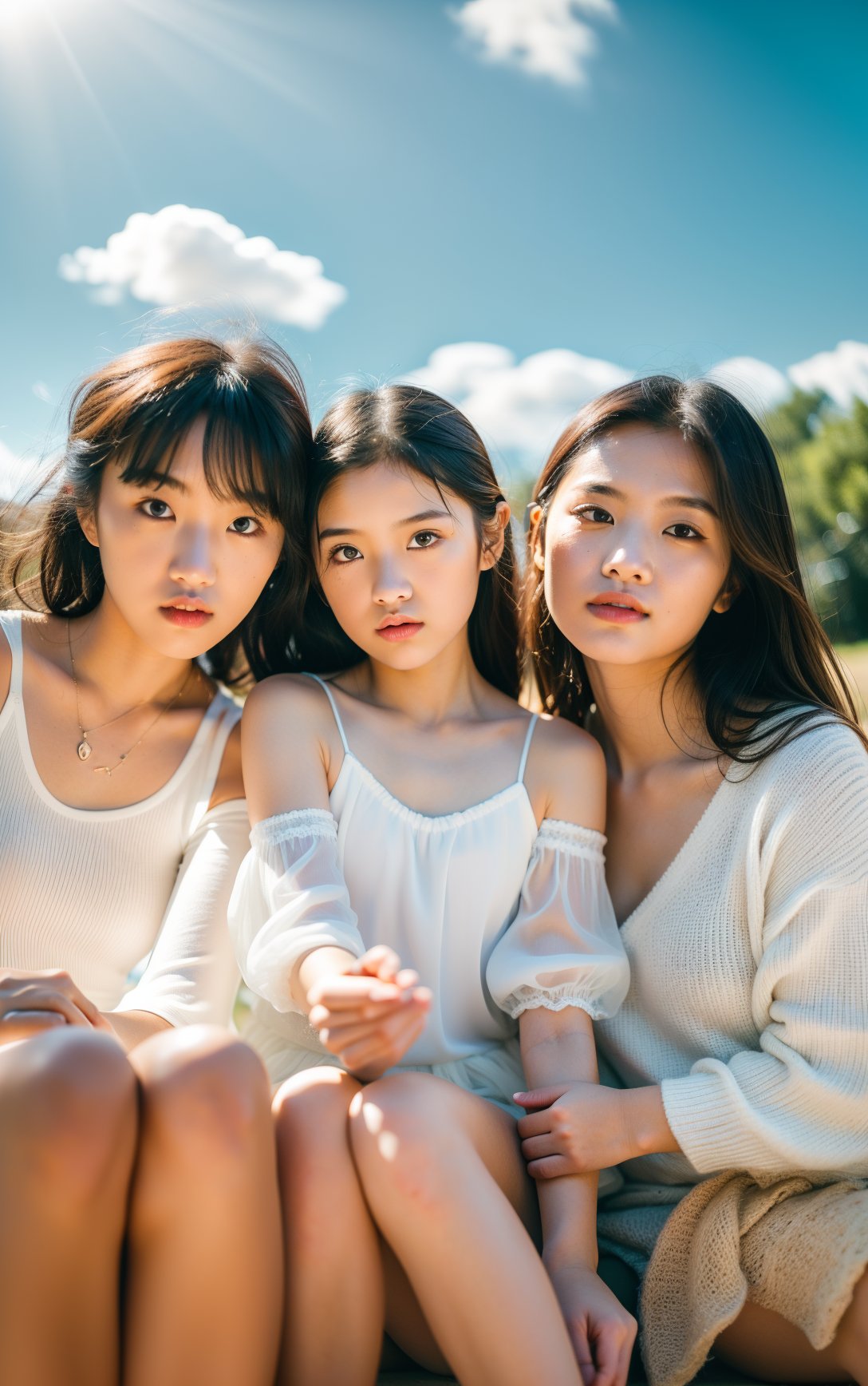 sunrays,(nature, amazing unreal background),(natural colors, correct white balance, color correction, dehaze,clarity),RAW photo,full sharp,wallpapper 8k uhd,dslr,soft lighting,high quality,Fujifilm XT3,Three girls sitting on an outdoor bench,Close-up,telephoto lens,