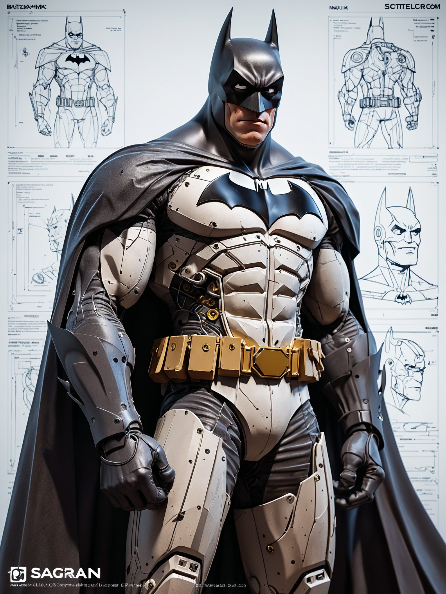 poster of a mechanical dc comics character batman, by sagrav technical Schematics viewed from front and side view on light white blueprint paper, Illustration drafting style, illustration, typography, conceptual art, dark fantasy, steampunk, 3d render, dark fantasy, cinematic, "Batman" "DC Comics", cinematic, dark fantasy, 3d render, epic action, Unreal Engine, cinematic award winning artwork, many details, extreme detailed, full of details,Wide range of colors., dramatic, Dynamic,Cinematic,Sharp details, Insane quality. Insane resolution. Insane details. Masterpiece. 32k resolution. casting shadow style, cucoloris patterned illumination,  dvr-lnds-sdxl, ral-dissolve, ral-ertmsphr, ral-porcelain, ral-pxlprtcl, Niji, aidma-niji