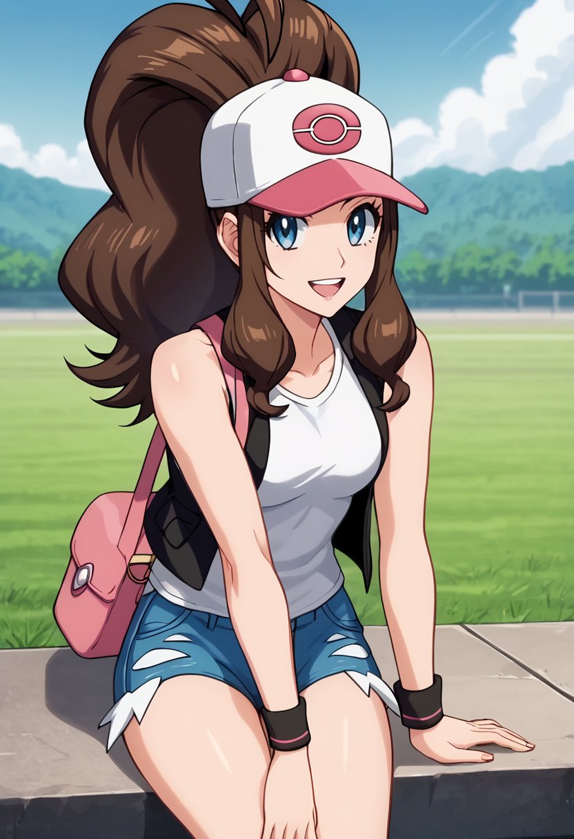 score_9, score_8_up, score_7_up,source_anime,anime coloring,perfect anatomy,cinematic_shadow,anime screencap,<lora:animestyle:1>finetuneanimeBREAK <lora:hilda:1>hilda, 1girl, hilda (pokemon), pokemon (creature), hat, shorts, brown hair, wristband, blue eyes, open mouth, baseball cap, black vest, holding, smile, vest, bag, outdoors, shirt, sidelocks, sitting, long hair, sleeveless, white shirt, denim shorts, denim, sleeveless shirt, day, teeth, looking at viewer, :d, short shorts, eyelashes, antenna hair, high ponytail, ponytail