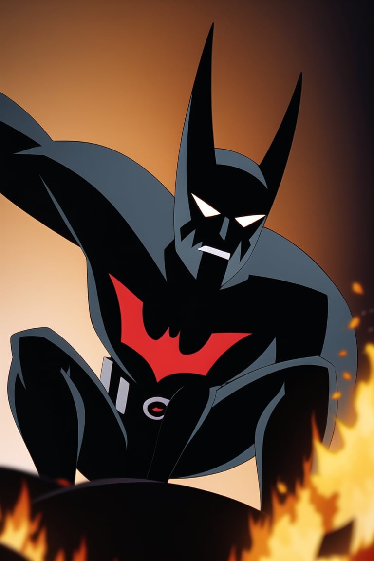 Masterpiece, best quality, ultra-detailed, Batman-Beyond, Beyond-Wings, emerge from fire, dramatic, cinematic, solo, male focus, crouched, (holding debris :1.1)  <lora:Batman_Beyond-20:0.9>