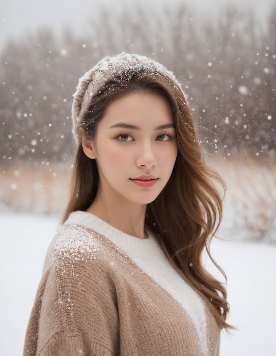 masterpiece, best quality, raw photo, realistic, 1girl, (helf-length portrait:1.5), long hair, sweater, snowing background, (sepia photography), (professional photo, balanced photo, balanced exposure)