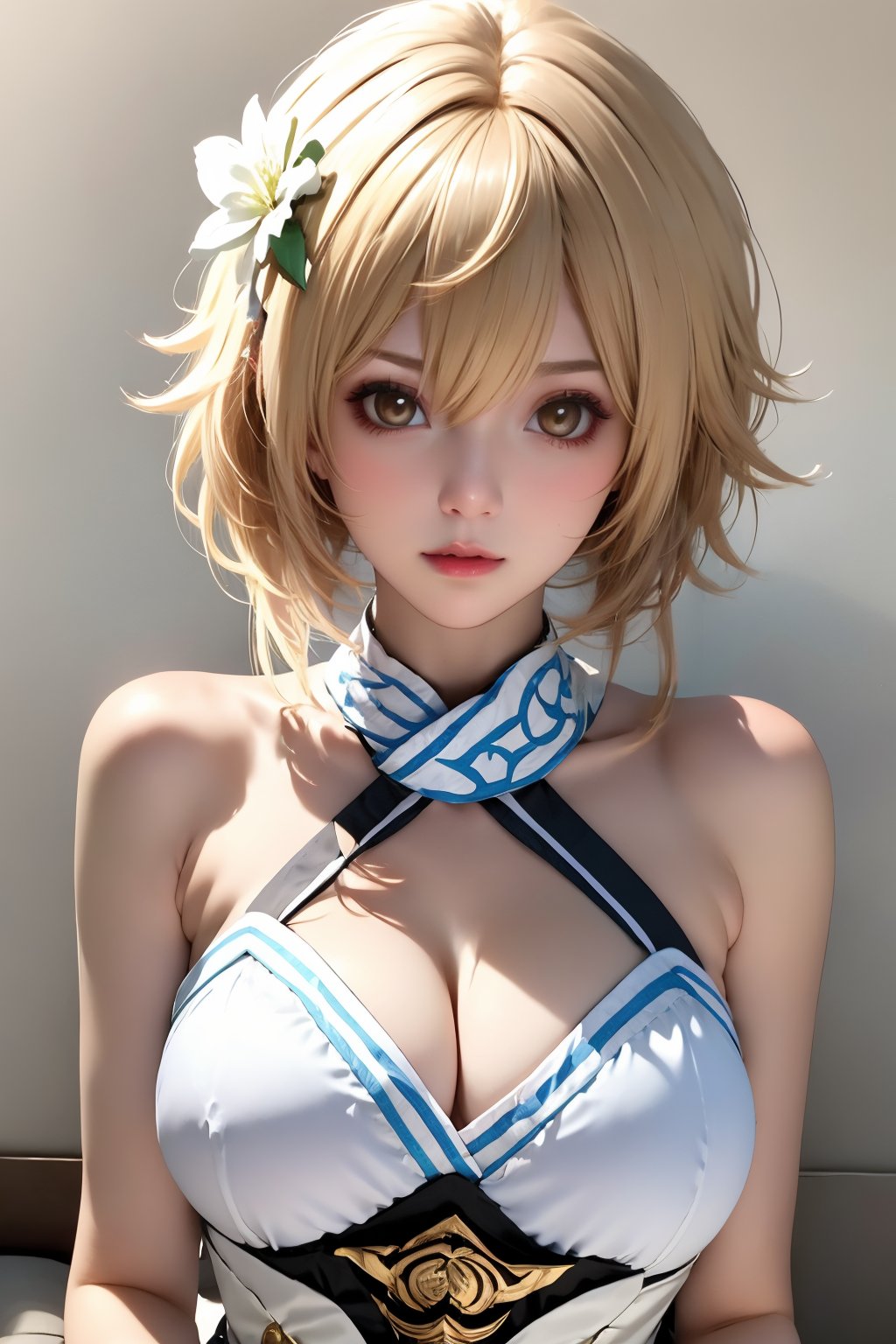 1girl, breasts, solo, blonde hair, cleavage, lumine \(genshin impact\), dress, white dress, hair ornament, looking at viewer, bare shoulders, flower, large breasts, realistic, covered nipples, hair flower, upper body, short hair with long locks, lips, yellow eyes, sleeveless, brown eyes, white flower, closed mouth, sleeveless dress, hair between eyes, sidelocks, nose, medium breasts, short hair, scarf, simple background