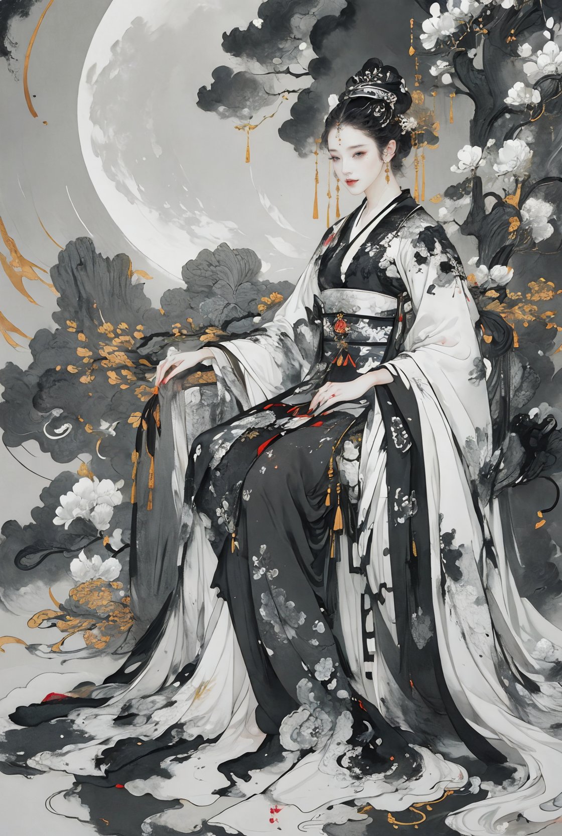 best quality, masterpiece, 8k, ultra high res, (photorealistic:1.4), highly detailed, intricate detail, delicate and beautiful, good lighting, professional lighting, sharp focus, detailed shadows, exquisite details and textures, depth of field, unity 8k wallpaper, 1girl,night, huge full moon, outdoor, Hanfu, full body, courtyard, branches, flowers, grass,(black and white ink painting:1.8)<lora:国风雅韵工笔_v1.0:0.4> <lora:安妮ani~红色汉服美丽小姐姐！_1.0:0.2> <lora:新国风x工笔_V1:0.2> <lora:柔金指 Soft gold finger_1.0:0.2><lora:细节制造_V1:0.15>   <lora:NORFLEET  古风 LORA_1.0:0.2>  <lora:GaelicPatternStyle:0.2> <lora:MarbleGoldWorld:0.3>