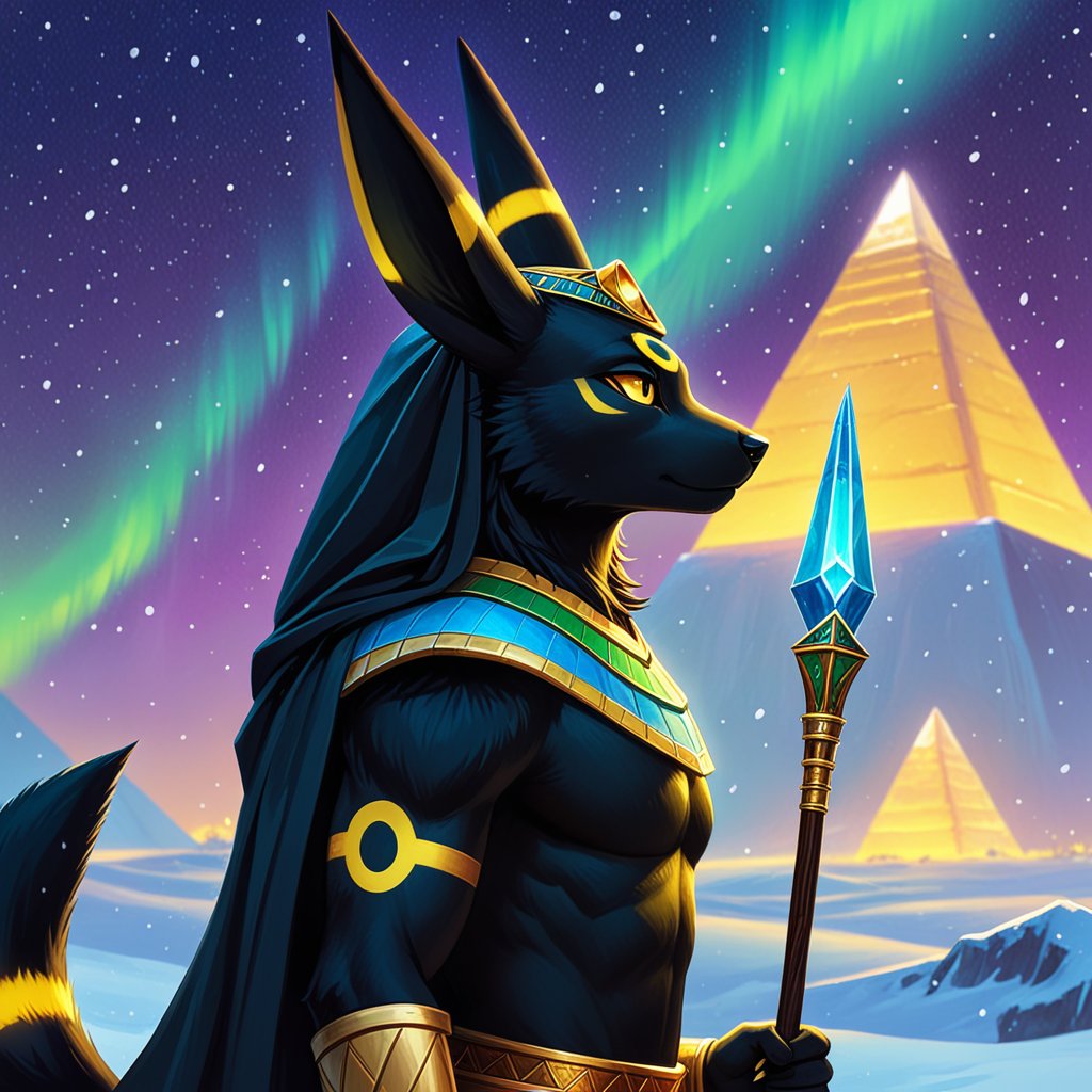 (by Duy Huynh, by Alois Arnegger), antrho feral (umbreon:1.3), standing, holding scepter, half-length portrait, side view, looking up, anubis clothing, egyptian headdress, snowing, plant, ice pyramid, glowing, aurora, masterpiece, best quality, light, 4k, 2k, photography