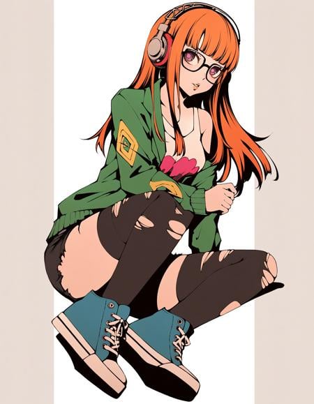 1girl black-framed_eyewear black_background black_shorts black_thighhighs blunt_bangs clothes_pull clothes_writing full_body glasses green_jacket grey_footwear headphones jacket jacket_pull long_hair long_sleeves moshimoshibe open_clothes open_jacket orange_hair parted_lips persona persona_5 purple_eyes red_background sakura_futaba shirt shoes short_shorts shorts sitting sneakers solo tank_top thighhighs torn_clothes torn_thighhighs two-tone_background white_shirt, Vibrant Contrast Style, <lora:6828e54a-9e8c-4e54-8d9a-a6a19c4a453a:0.7>