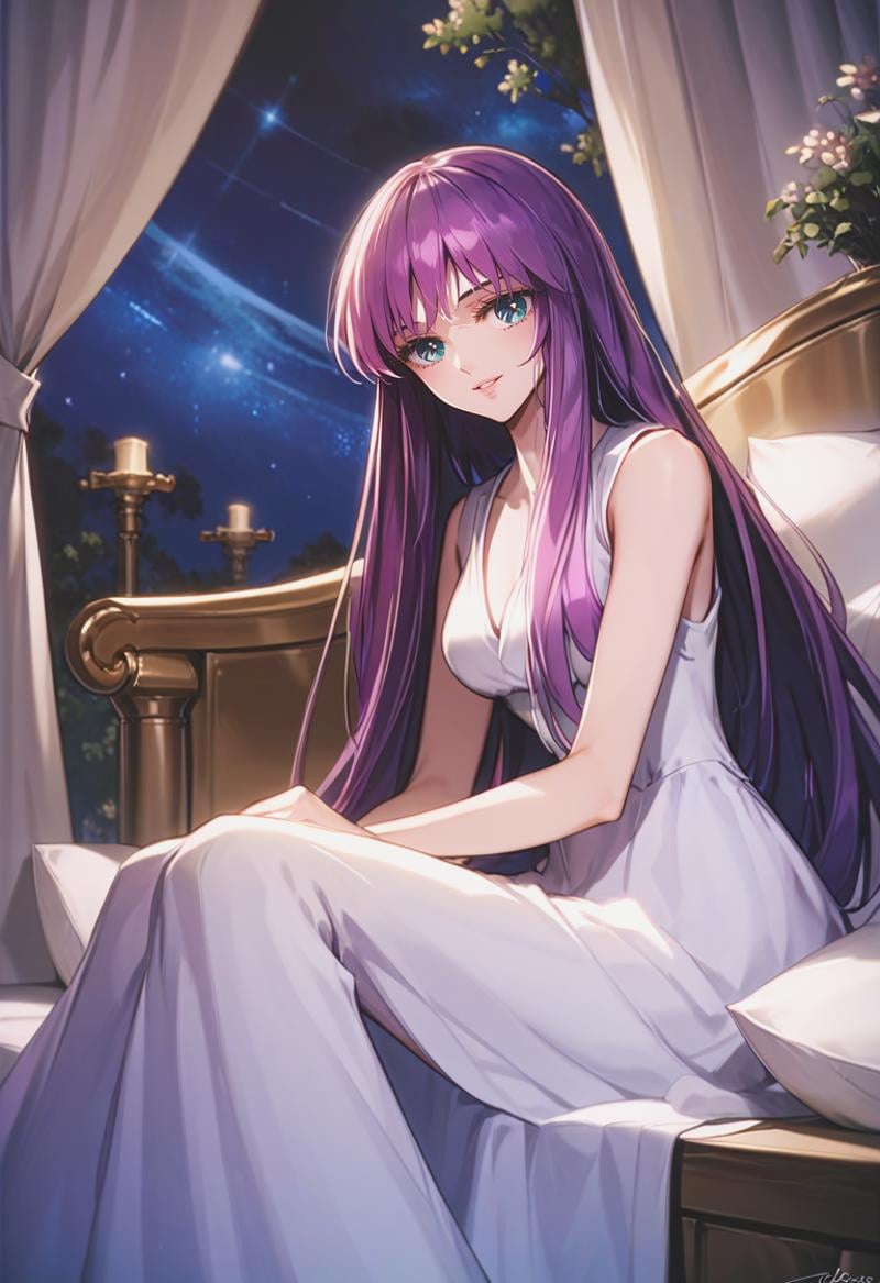 score_9, score_8_up, score_7_up, best quality, intricate details, source anime, rating explicit, BREAKsitting on stairs, stairs, love gaze, blush, parted lips, light smile, head tilt, athenakido, purple hair, long hair, aqua eyes, bangs, sleeveless dress, <lora:SaoriKido_Pony_v02-10:1> canopy bed, ethereal, night, starry sky, volumetric light, bedroom, cushions