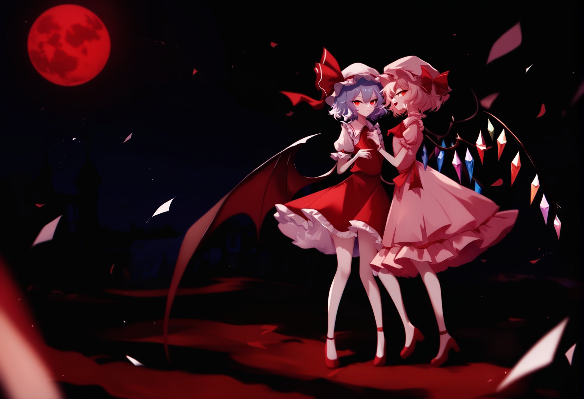 [by sheya| by nekoya \(liu\)], best quality, masterpiece, score_9, score_8_up,2girls, remilia scarlet, bat wings, flat chest,flandre scarlet, touhou, crystal wings, vampire, red ascot, ribbon, pink dress, red dress, red shoes, fang,posing,outdoors, dark night, red moon, castle, big lake, meadows, epic landscape,