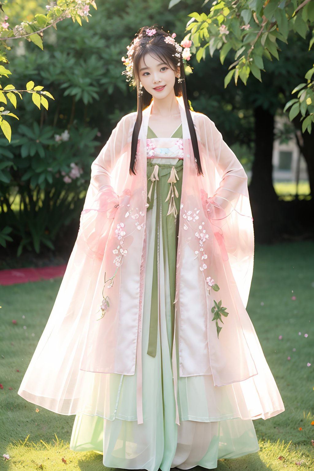 1girl,looking_at_viewer,(bust:1.2),(standing:1),(light pink and green see-through hanfu:1.1),smile,flower field,