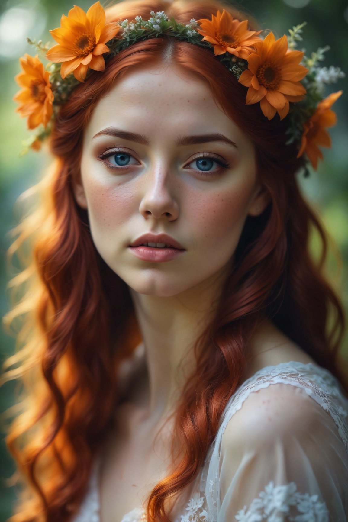 (best quality, 4k, 8k, highres, masterpiece:1.2), ultra-detailed, (realistic, photorealistic, photo-realistic:1.37),hyper realistic, 1girl,long hair,looking at viewer,realistic proportions,blue eyes,hair ornament,dress,very long hair,flower,red hair,parted lips,necklace,white dress,orange hair,lips,blurry background,freckles,realistic,head wreath,orange flower,realistic portrait