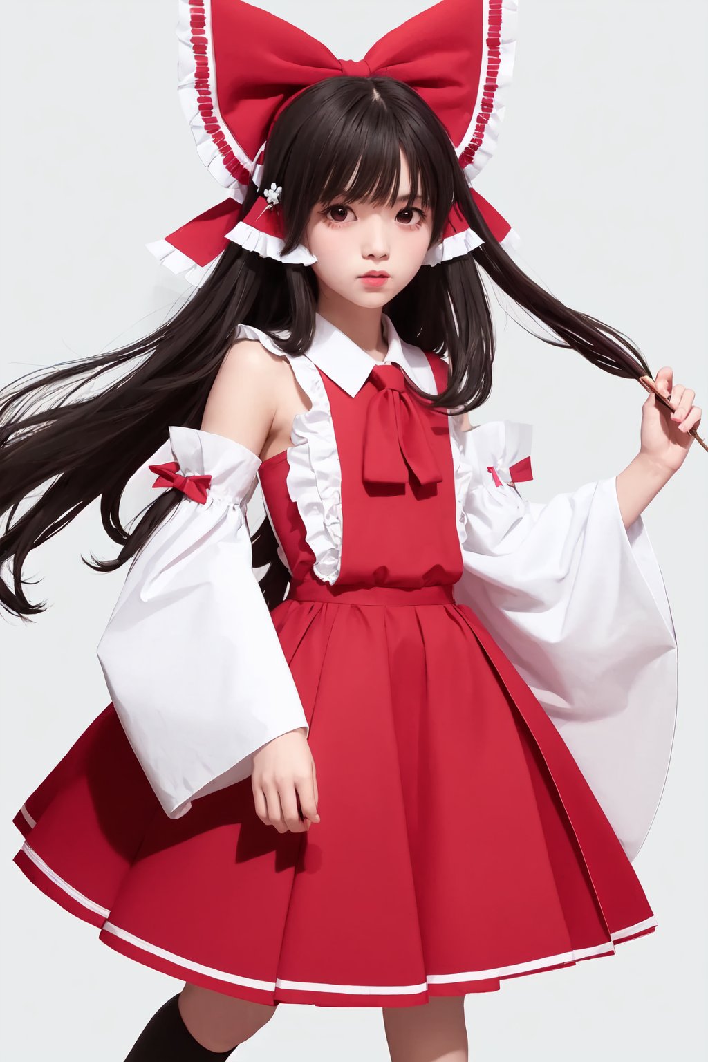 hakurei_reimu,1girl,hair_bow,red_bow,detached_sleeves,solo,hair_tubes,simple_background,looking_at_viewer,frilled_bow,red_skirt,sidelocks,wide_sleeves,bare_shoulders,blush,yellow_ascot,ribbon-trimmed_sleeves<lora:hakurei_reimu:1>,simple background,white backgroundmasterpiece,best quality, highly detailed, 