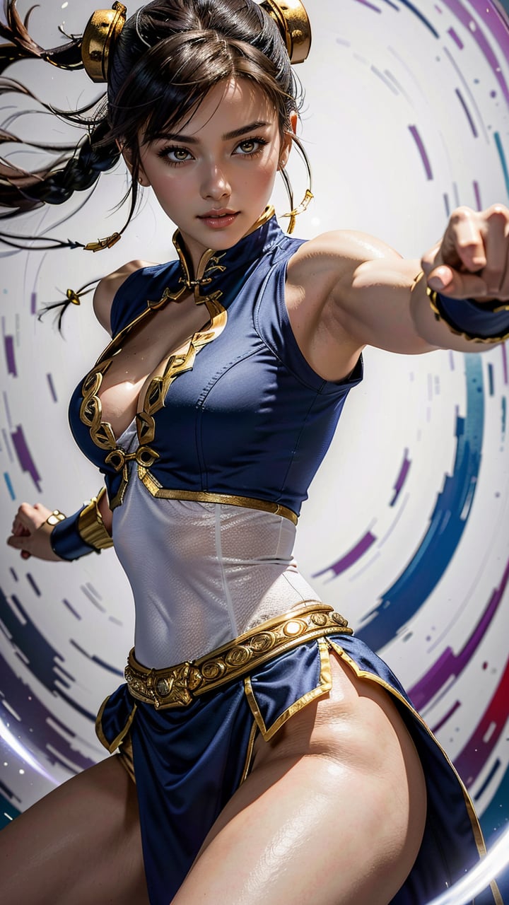 (best quality, masterpiece, colorful, dynamic angle, highest detailed) \Chun-Li\, cowboy shot, fashion photography of cute (Chun-li), kung-fu pose, closed fists (ultrahigh resolution textures), bokeh, light passing through hair, (abstract background:1.3), (official art)