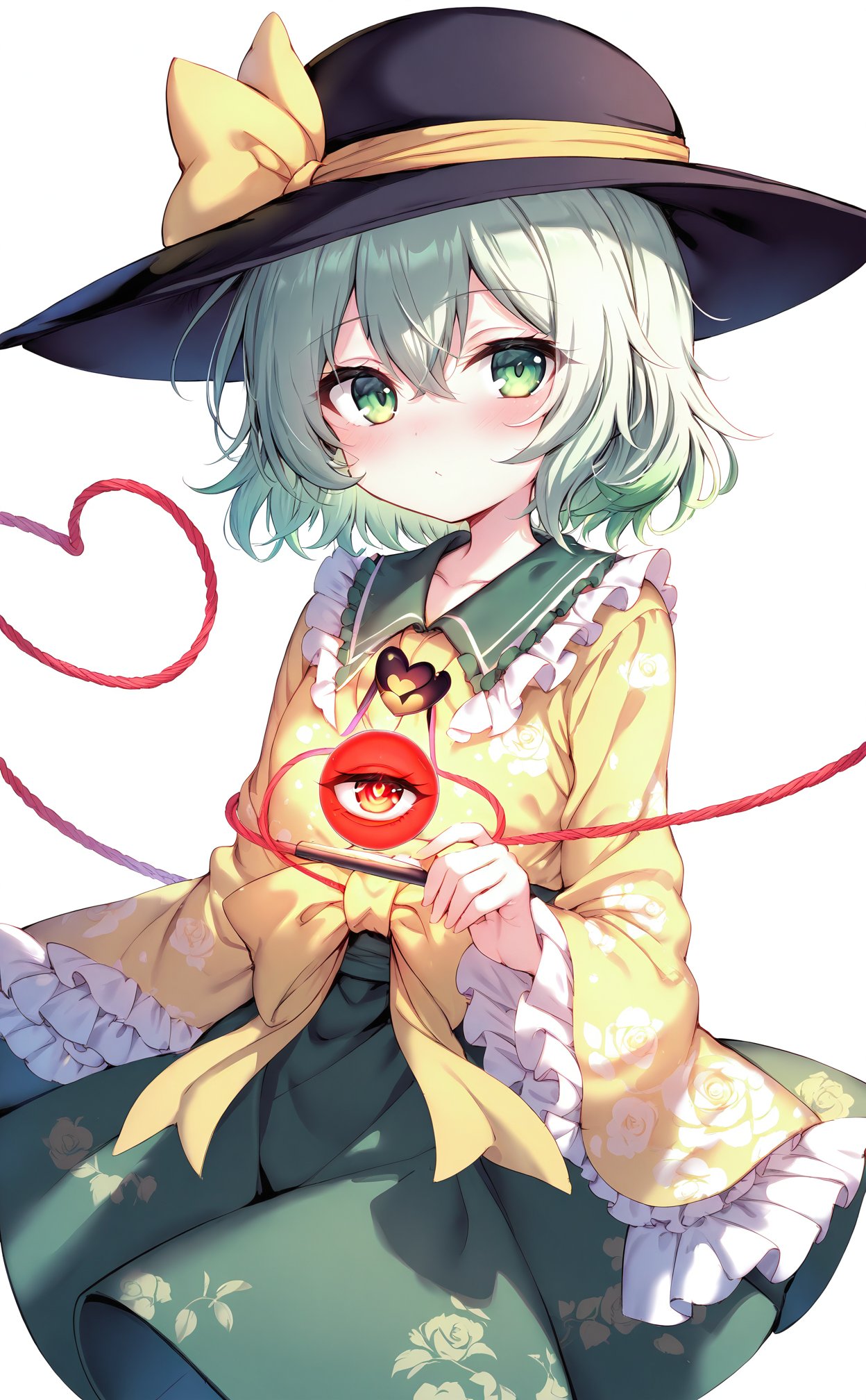 masterpiece,best quality,high quality,(colorful),loli,1girl,komeiji koishi,solo,hat,green eyes,skirt,third eye,shirt,green skirt,black headwear,yellow shirt,floral print,long sleeves,frills,wide sleeves,looking at viewer,ribbon,heart of string,heart,frilled sleeves,white background,rose print,yellow ribbon,bow,hat ribbon,hat bow,closed mouth,yellow bow,frilled shirt collar,short hair,green hair,simple background,medium hair,eyeball,blush,hair between eyes,