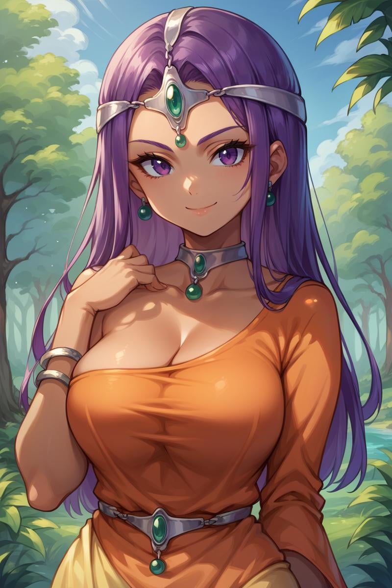 score_9, score_8_up, score_7_up, score_6_up, source_anime BREAK 1girl, solo  <lora:mineamanya-pdxl-nvwls-v1-000005:1> dqMinea, purple hair, circlet, earrings, choker, bracelet, orange dress, single sleeve, large breasts, looking at you, forest, blue sky, smile, closed mouth, upper body