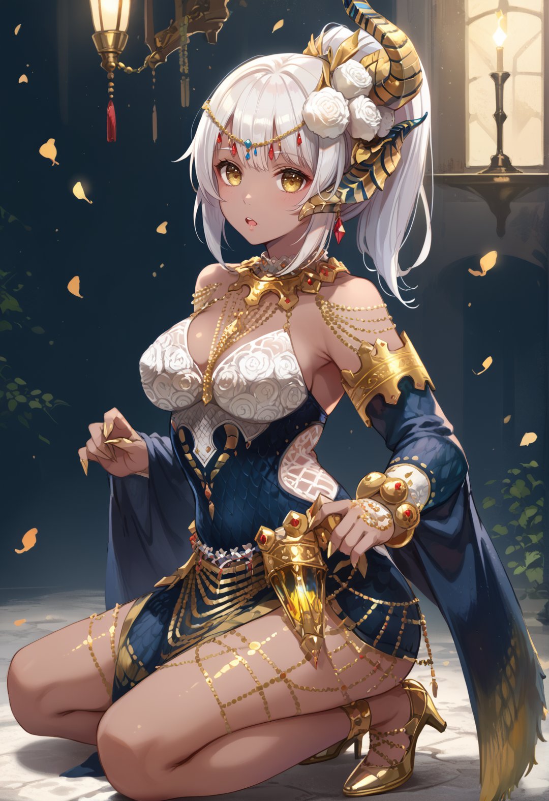 (score_9:0.9),score_8_up,score_7_up,rating_safe,anime style,(zPDXL),<lora:EX Kulve Taroth Beta Armor ponyXL v1.4:0.77>,1girl,solo,dark-skinned female,white hair,ponytail,long hair,single horn hair ornament,looking at viewer,yellow eyes,short hair,open mouth,cleavage,large breasts,medium breasts,ex kulve taroth beta armor,gold high heels,kneeling,