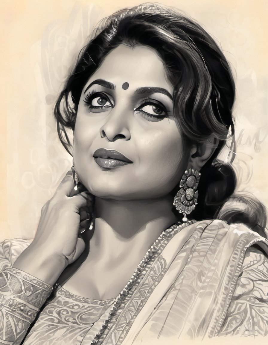 RamyaKrishnan, sketch of an Indian actress, Bollywood, side view, in the style of warm tonal range, artistic, delicate and intricate details, i can't believe how beautiful this is