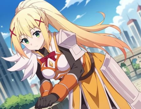 score_9, score_8_up, score_7_up, source_anime,lalatinadustinessford, <lora:lalatina-dustiness-ford-s2-ponyxl-lora-nochekaiser:1>,darkness \(konosuba\), long hair, green eyes, blonde hair, hair ornament, ponytail, braid, x hair ornament,gloves, armor, bodysuit, shoulder armor, armored dress,outdoors, cityscape, bent over,looking at viewer, dutch angle, cowboy shot,