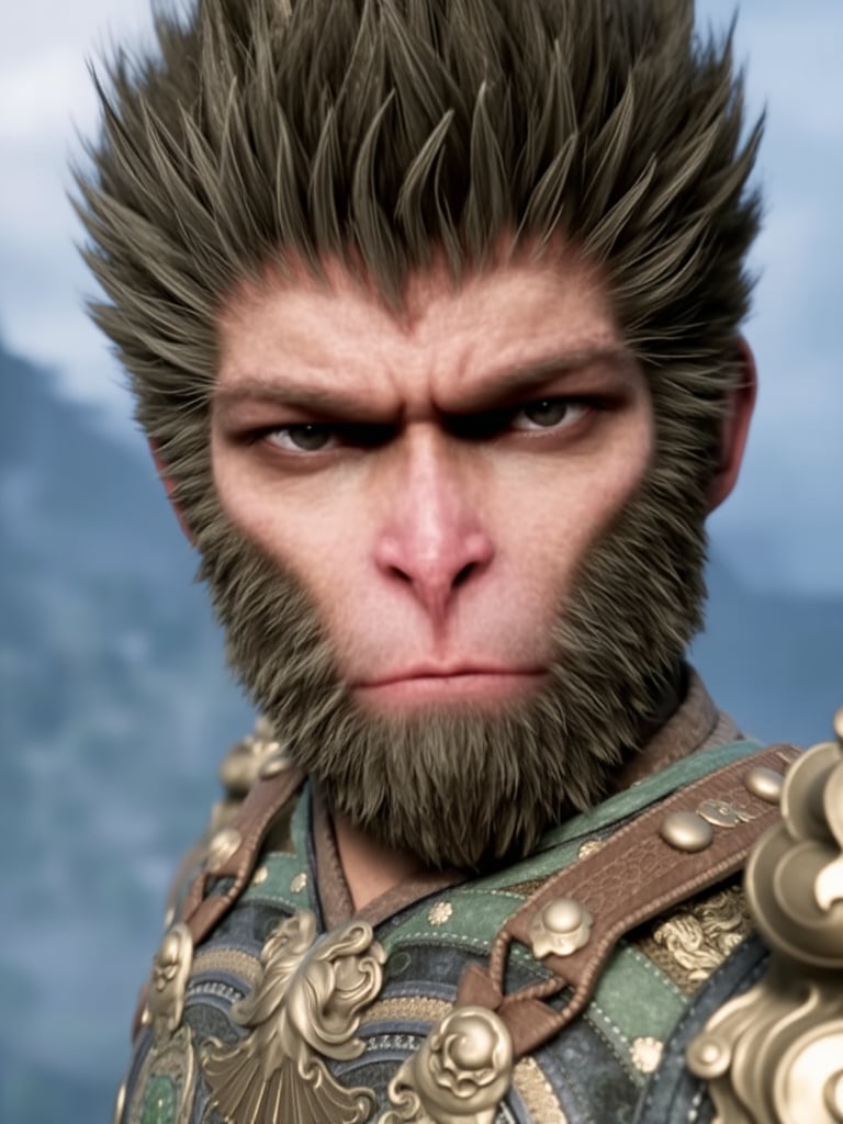 wukong, This is a highly detailed CGI image depicting a close-up of a humanoid character with a monkey-like face. The character has a prominent, broad nose with a pinkish hue, a furrowed brow, and intense, dark eyes that convey a serious and contemplative expression. His skin is a light pinkish tone, and he has a thick, coarse mane of grayish-brown fur covering his head and neck. The fur on his face is more sparse, giving his features a rugged and wild appearance.He is dressed in a combination of ancient and futuristic armor. The armor consists of a chest plate with intricate, gold-colored designs and green accents, suggesting a blend of Eastern and Western styles. The armor is detailed with small, metallic components, adding a futuristic touch. The background is blurred, suggesting an outdoor setting with a cloudy sky, possibly in a mountainous or forested region, enhancing the character's isolation and focus. <lora:wukong:1>