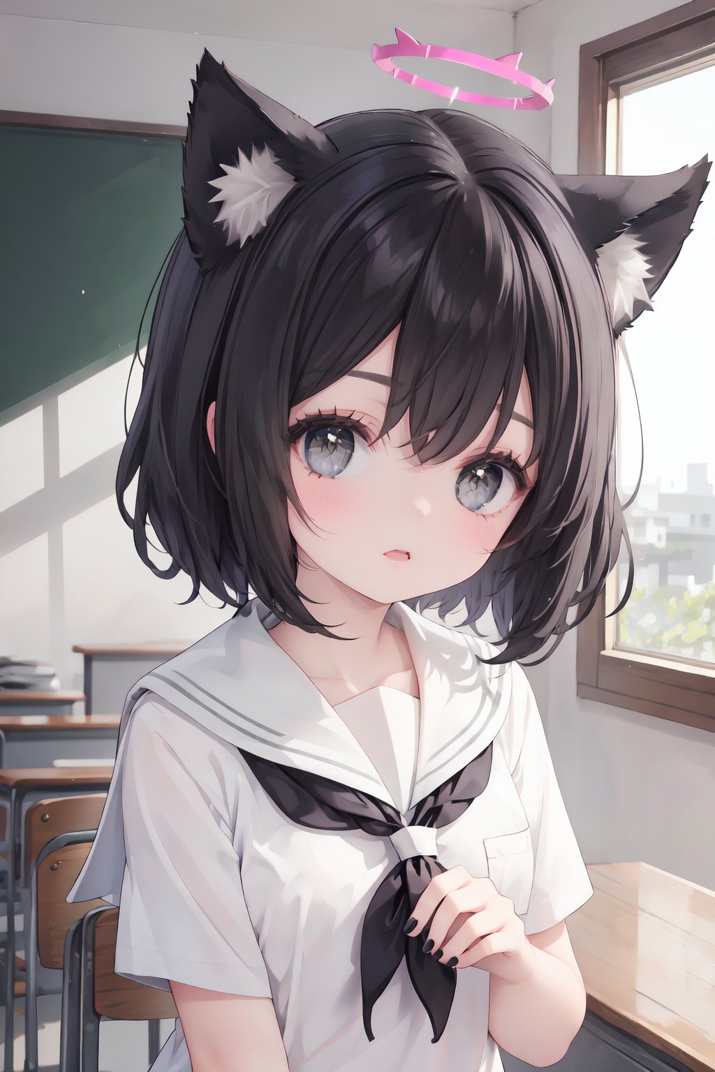 1girl, solo, animal ears, black hair, black nails, school uniform, looking at viewer, halo, serafuku, nail polish, bangs, short hair, grey eyes, fox ears, indoors, sailor collar