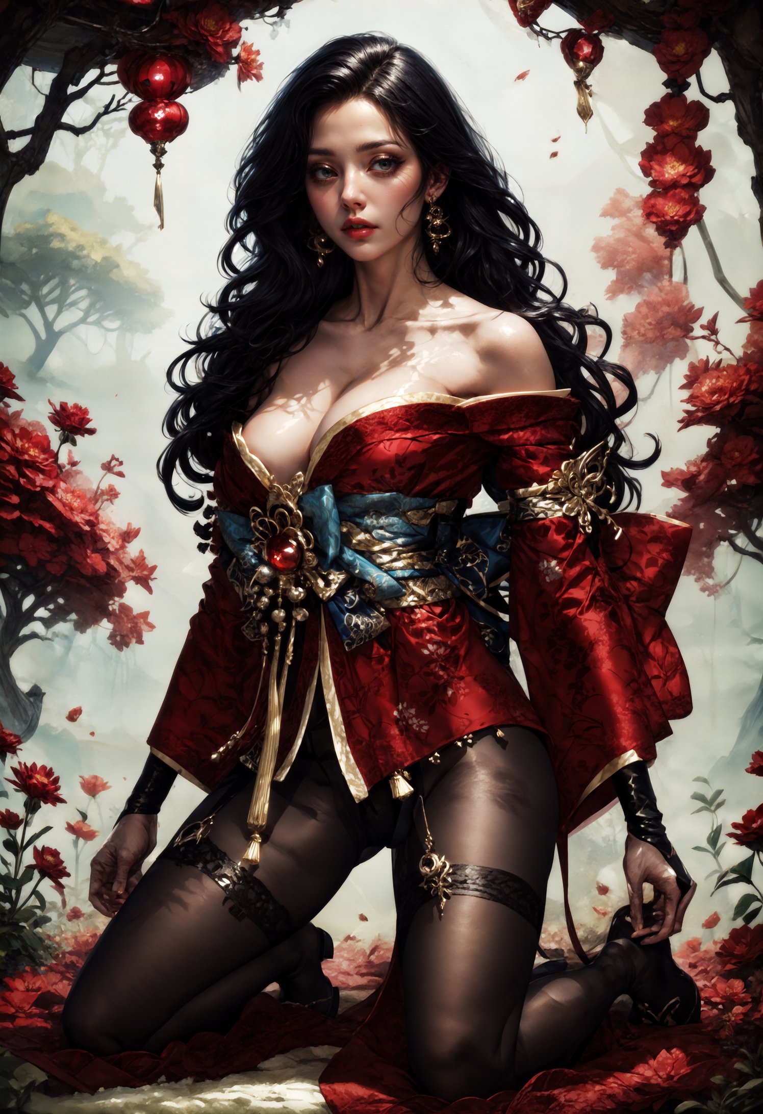 score_9, score_8_up, score_7_up,  perfect body, seiza, kneeling on flowers, flower bed, nature, red theme, (bright background, in a forest), bold posing, stretched arms, falling flower petals,  BREAK,  highly detailed,  (realistic, concept art), shiny jewelry, gem earrings, long hair,   LAassunity, kimono, pantyhose,  garter strap, <lora:LAassunityXL:0.9>   <lora:Kenva:0.8> knva,   <lora:Concept Art Twilight Style SDXL_LoRA_Pony Diffusion V6 XL:0.8> <lora:Expressive_H:0.8> expressiveh   <lora:sinfully_stylish_SDKL:0.8>