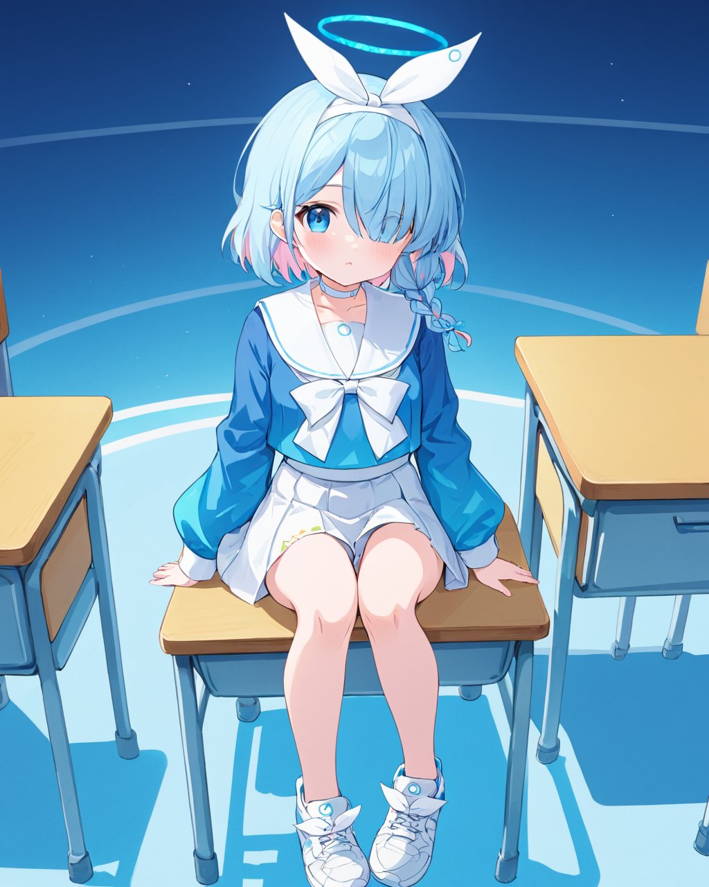 arona \(blue archive\),1girl, solo, hair_over_one_eye, sitting, long_sleeves, halo, bag, looking_at_viewer, pleated_skirt, white_skirt, school_desk, serafuku, neckerchief, chair, white_choker, sneakers, bandaid_on_knee, blush, collarbone, blue_shirt, holding_umbrella, parted_lips, x_hair_ornament, white_hairband, white_bow, hair_ribbon, hair_bow, white_sailor_collar, single_braid, bow_hairband, hand_between_legs<lora:arona_(blue_archive)_image5127_2023-12-02-000009:1>halo. gorgeous,key visual, vibrant, studio anime,award-winning, professional, highly detailed,high budget, cinemascope
