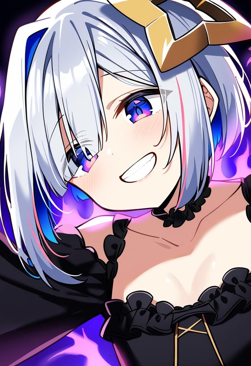 1girl, solo, amane kanata, short hair, silver hair, blue eyes, flat chest, black dress, frills, cleavage, grin,white background, aura, masterpiece, best quality, very aesthetic, absurdres,