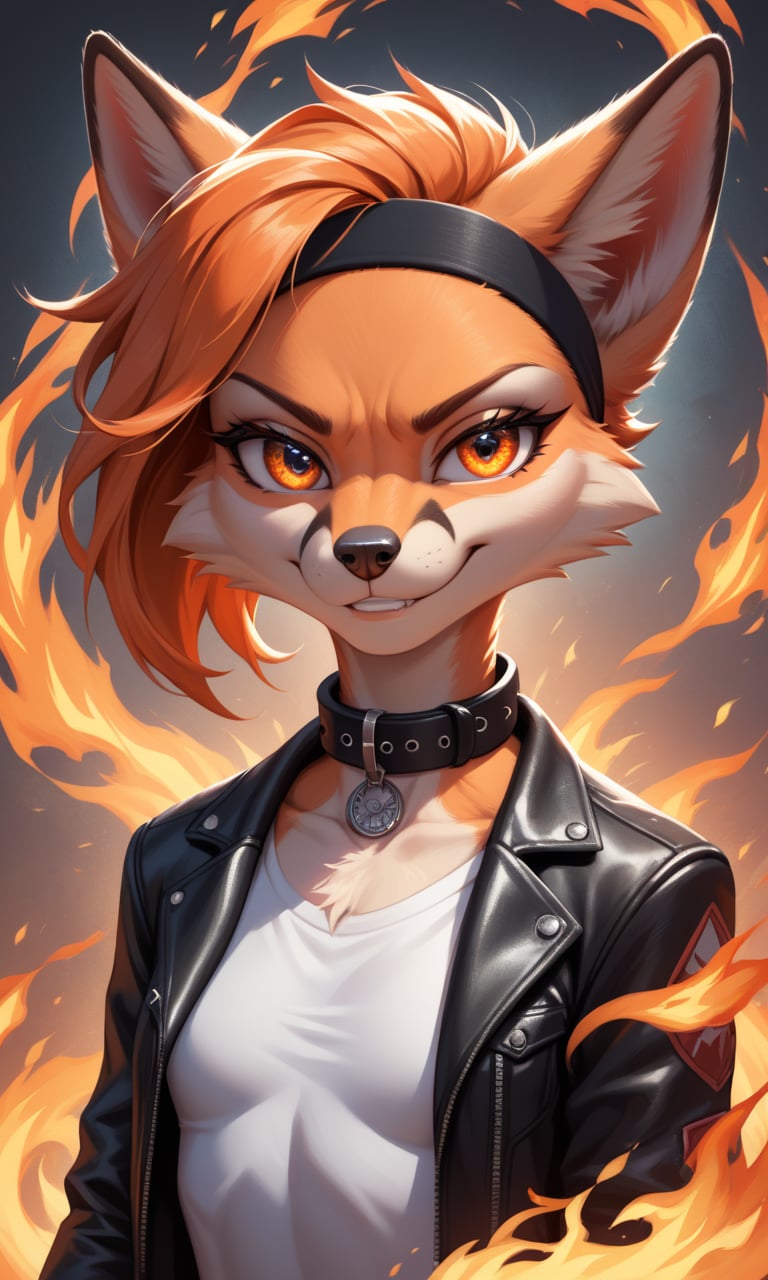 score_9, score_8_up, score_7_up, score_6_up, score_5_up, score_4_up, source_furry,BREAK,detailed face eyes and fur, (detailed fire background)1.1, anthro furry female fox, orange hair, enface portrait, small, looking at viewer, intimidating, smirk, black headband, collar, black leather jacket, white shirt, highly detailed, absurdres, cinematic lighting, soft, fluffy