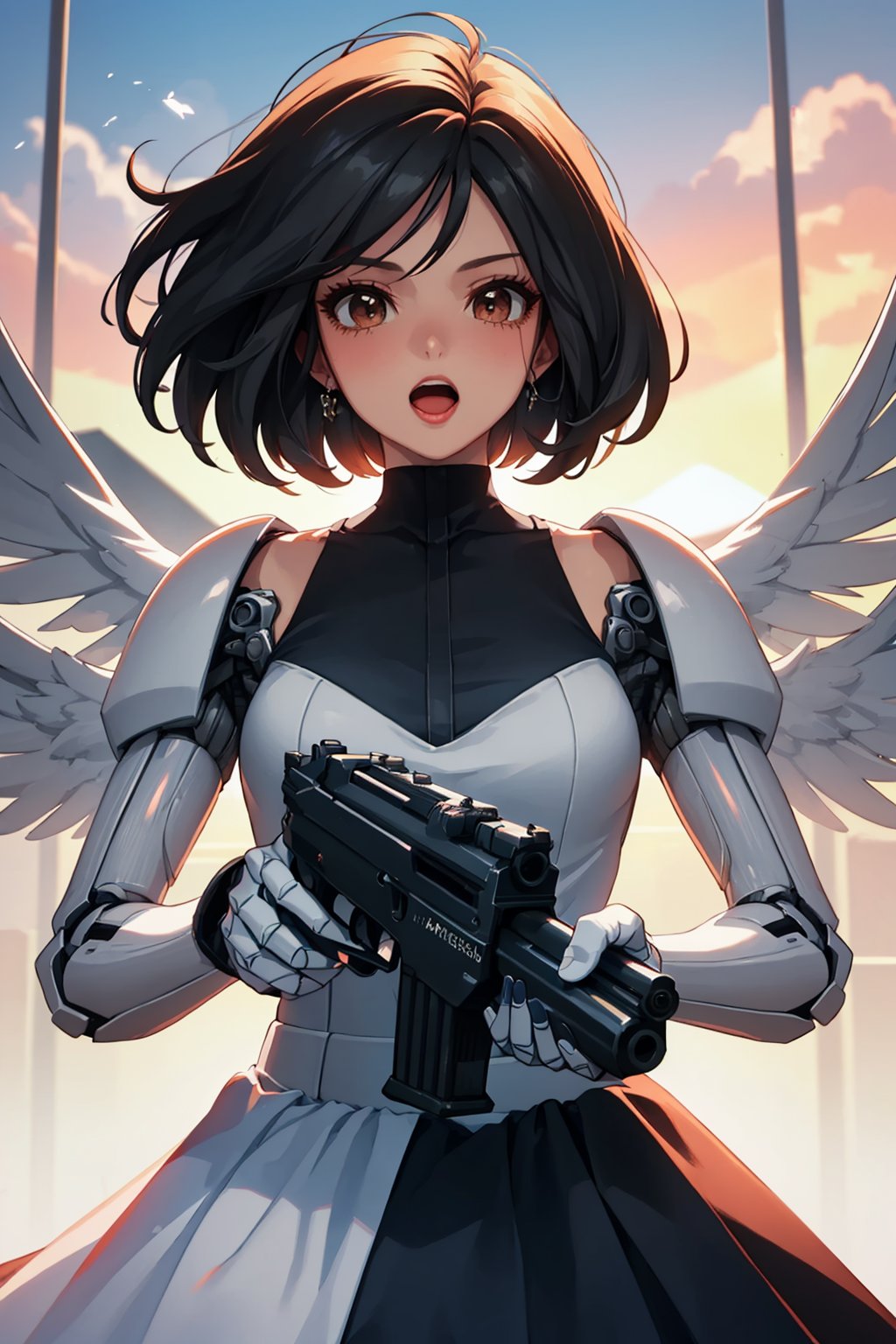 masterpiece,best quality, highly detailed, alita,1girl, solo, retro artstyle, handgun, holding, wedding dress, open mouth, cover, mecha,<lora:alita:1>