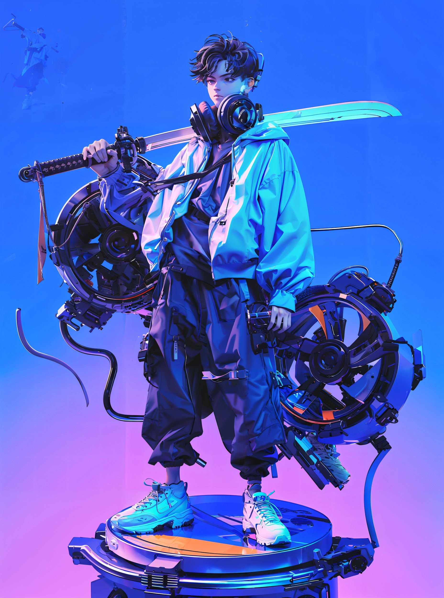 sword,weapon,solo,holding sword,holding weapon,male focus,1boy,shoes,holding,black hair,black pants,pants,jacket,katana,headphones,full body,standing,headphones around neck,blue background,short hair,over shoulder,purple background,white footwear,shirt,cyberpunk,<lora:tusi索泰:0.8>,